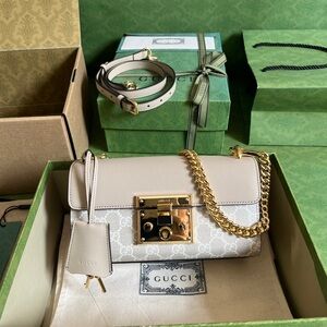 Gucci Beige & Gold GG Small Shoulder Bag with Chain